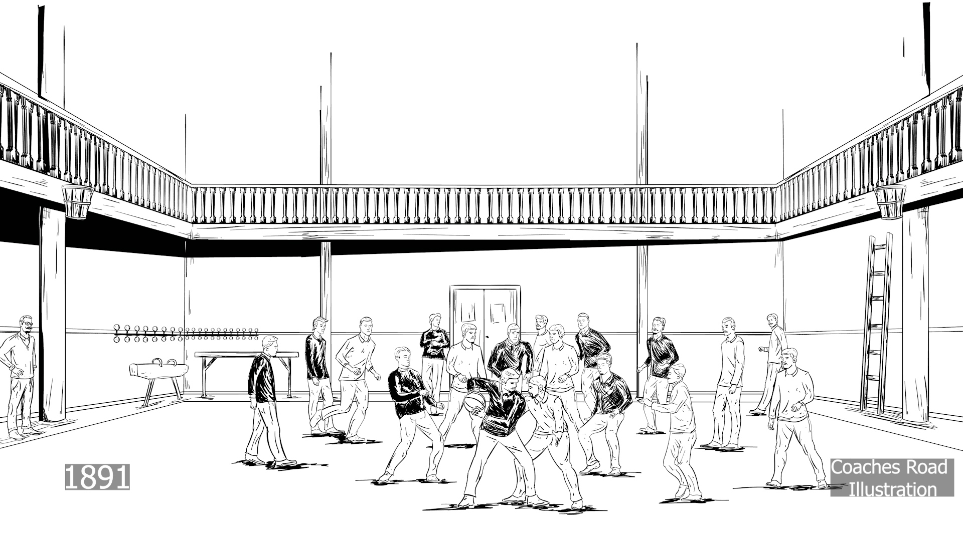 Illustration of the first basketball game, Springfield YMCA, 1891.